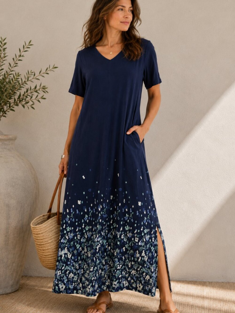 Pure Jill J.Jill Navy Watercolor Floral Maxi Dress Size L